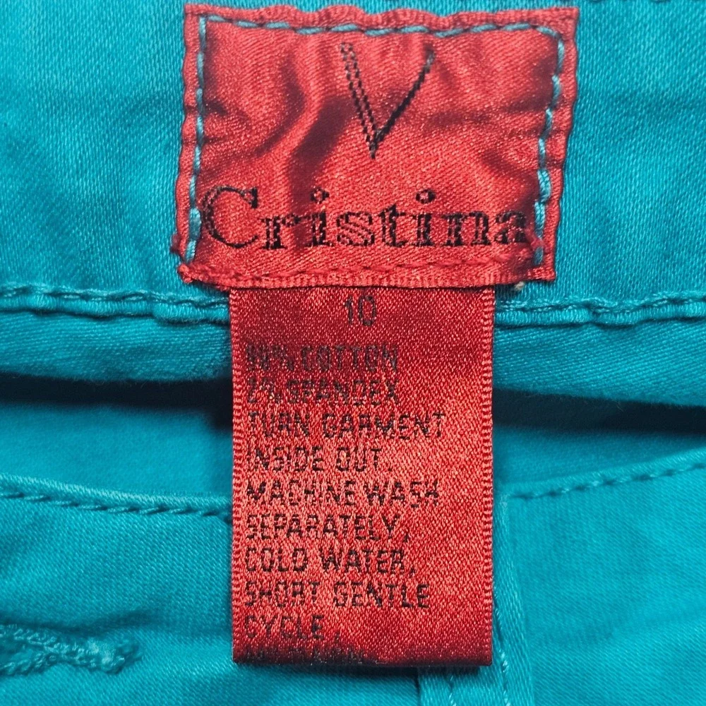V Cristina Womens Teal Rhinestone Embellished Capri Crop Pants Size 10 Turquoise